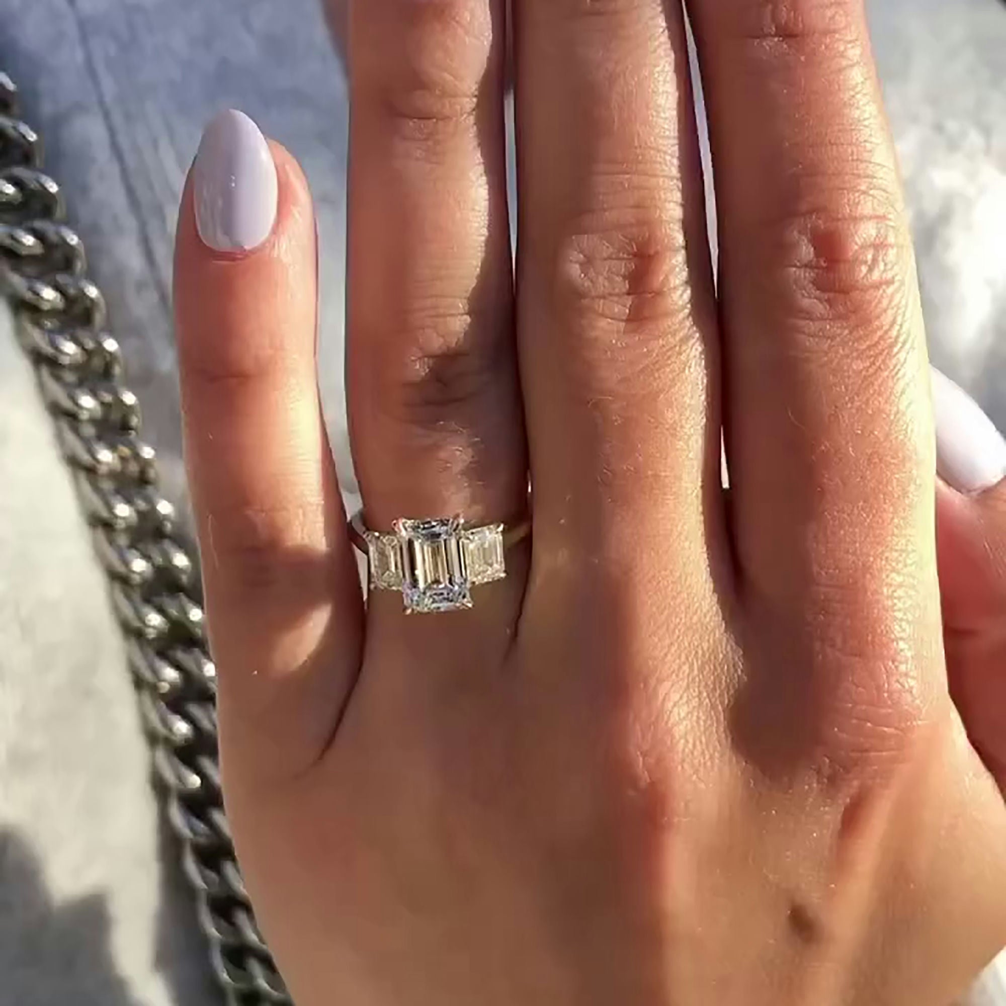 Emerald Cut Lab Grown Diamond Engagement Ring with Three Stone Setting