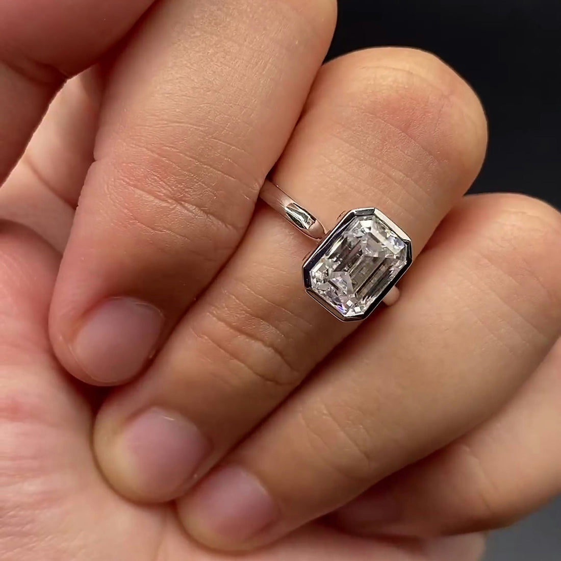 Emerald Cut Lab Grown Diamond Ring with Bezel Setting and High Profile