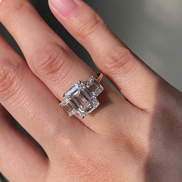 Emerald Cut Lab Grown Diamond Engagement Ring with Three Stone Setting