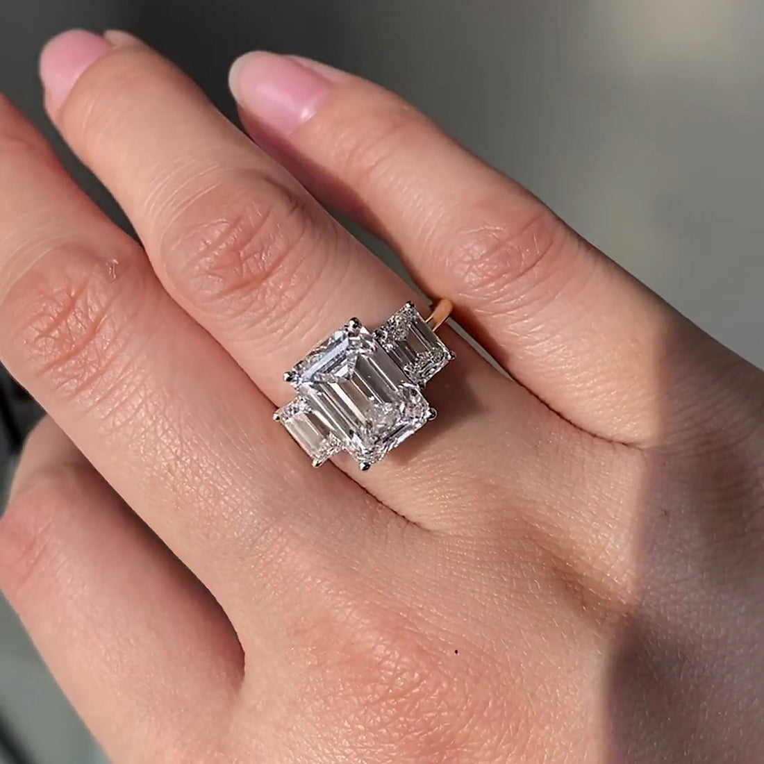 Emerald Cut Lab Grown Diamond Engagement Ring with Three Stone Setting