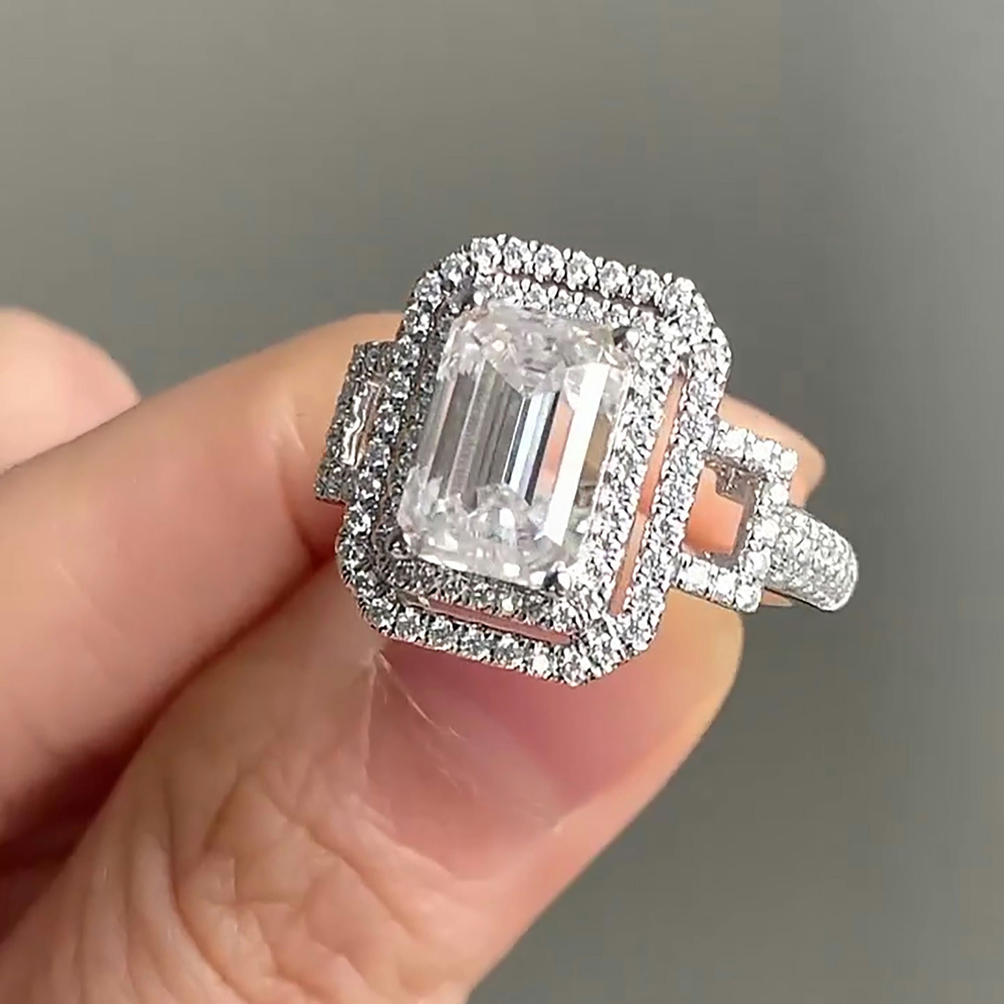 double halo Emerald Cut Lab Grown Diamond Engagement Ring with Maximum Brilliance