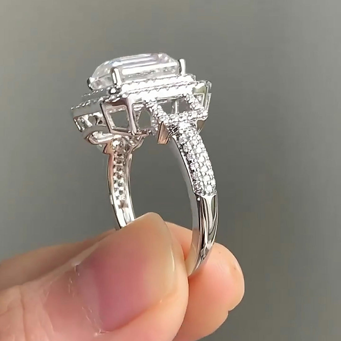 double halo Emerald Cut Lab Grown Diamond Engagement Ring with Maximum Brilliance