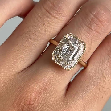 Vintage Style Emerald Cut Lab Grown Diamond Ring with Filigree and Pave Accents