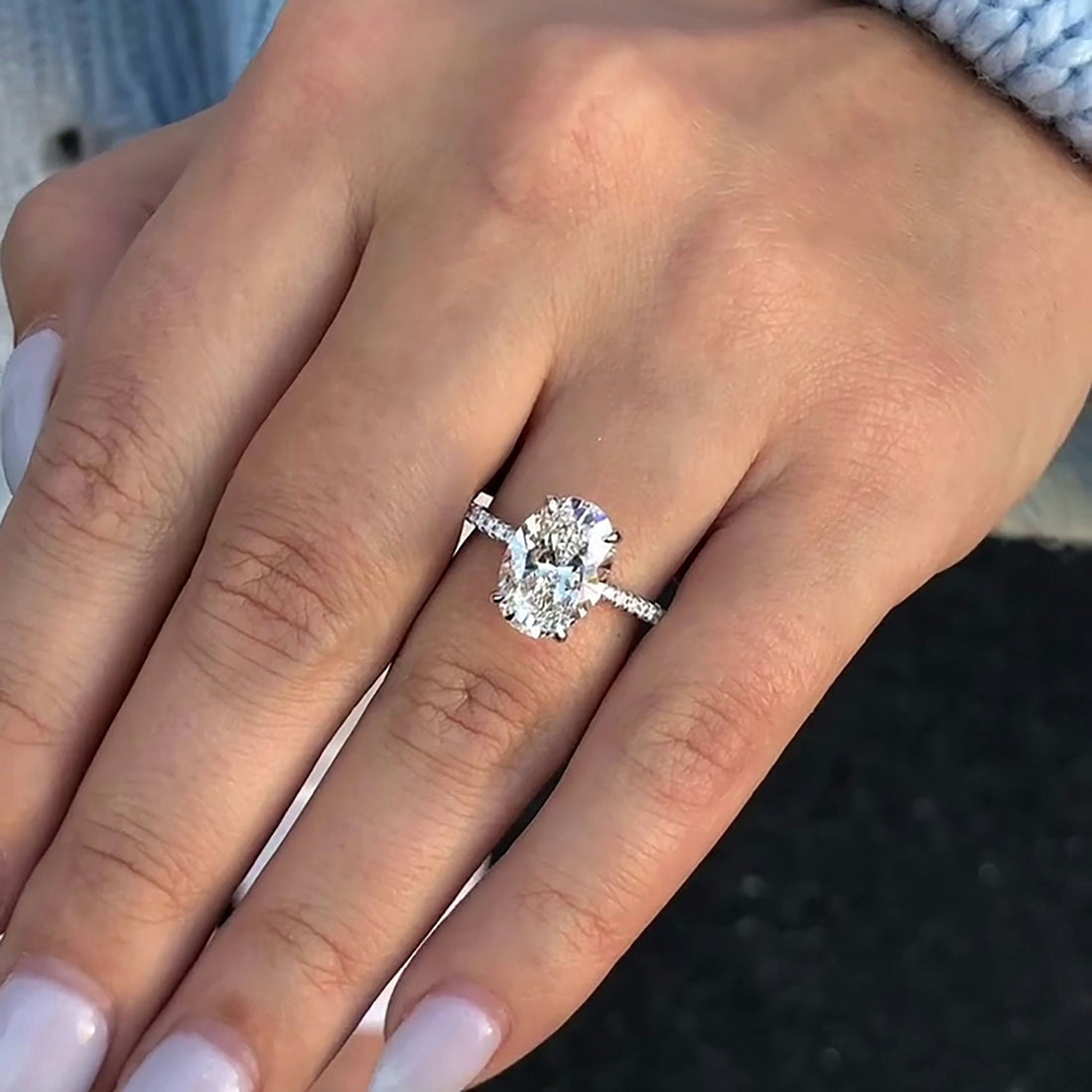 Oval Lab Grown Diamond Engagement Ring with Pave Band